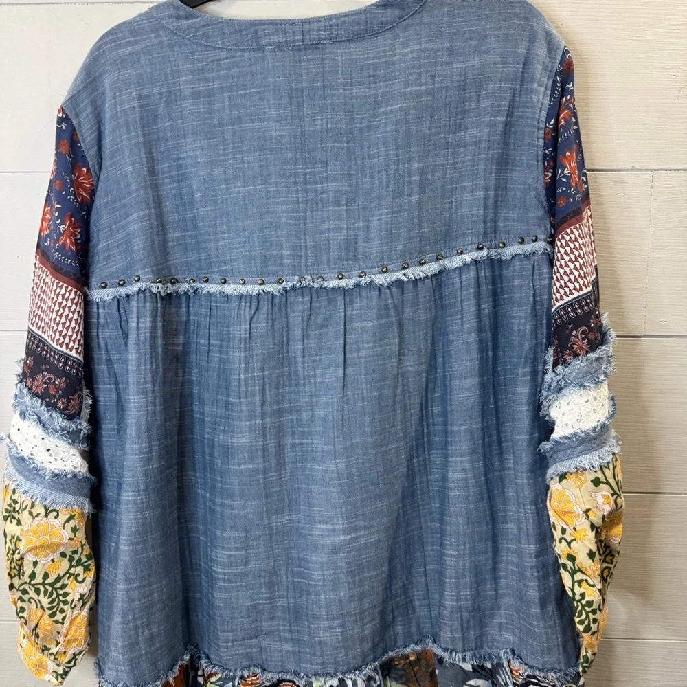 Coldwater Creek 100% Cotton Boho Blue Patchwork Blouse Size XL - Picture 5 of 10